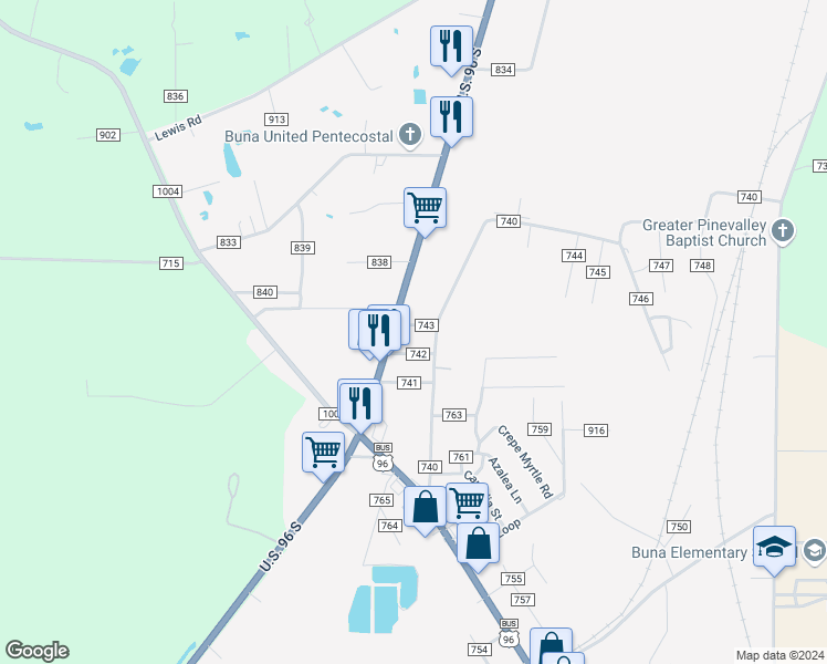 map of restaurants, bars, coffee shops, grocery stores, and more near County Road 743 in Buna