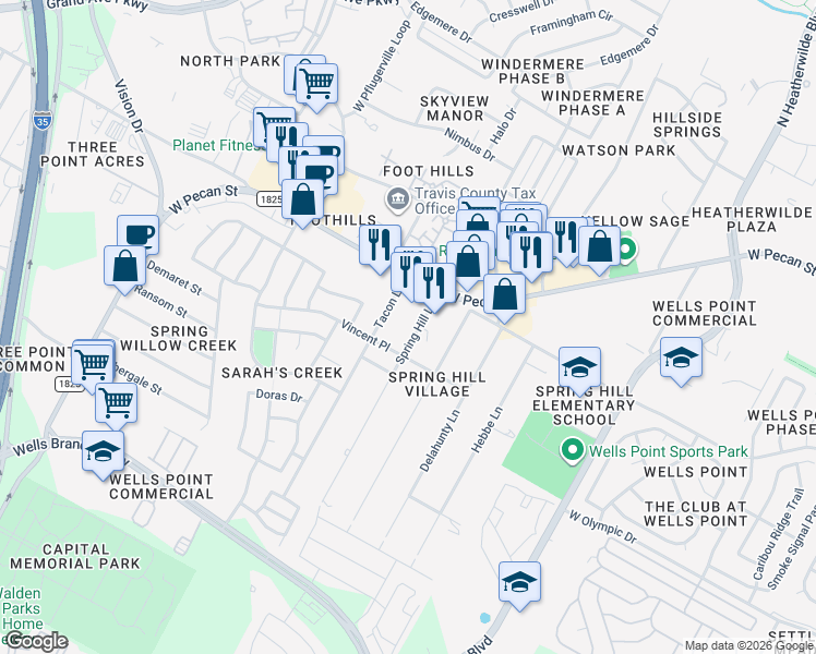 map of restaurants, bars, coffee shops, grocery stores, and more near 15608 Spring Hill Lane in Pflugerville