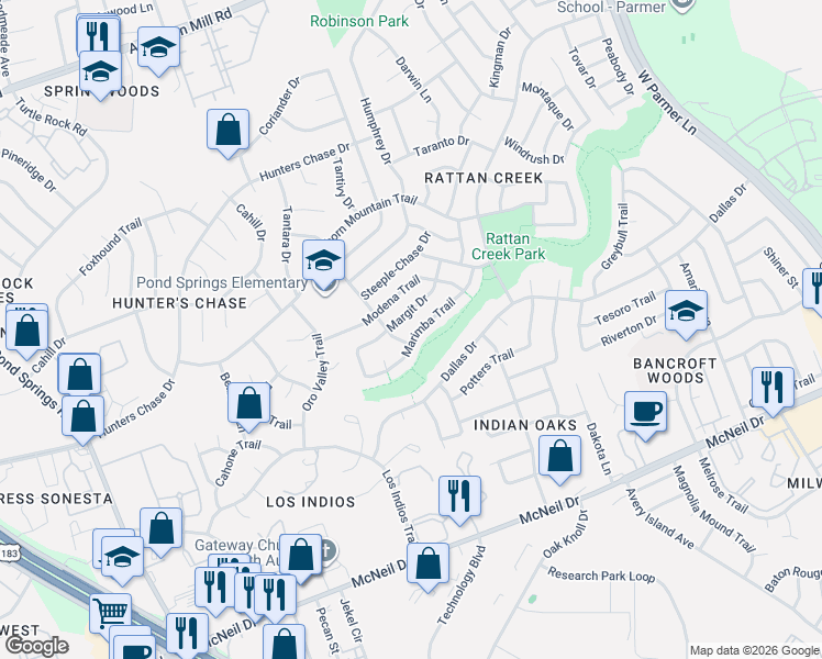 map of restaurants, bars, coffee shops, grocery stores, and more near 12811 Margit Drive in Austin
