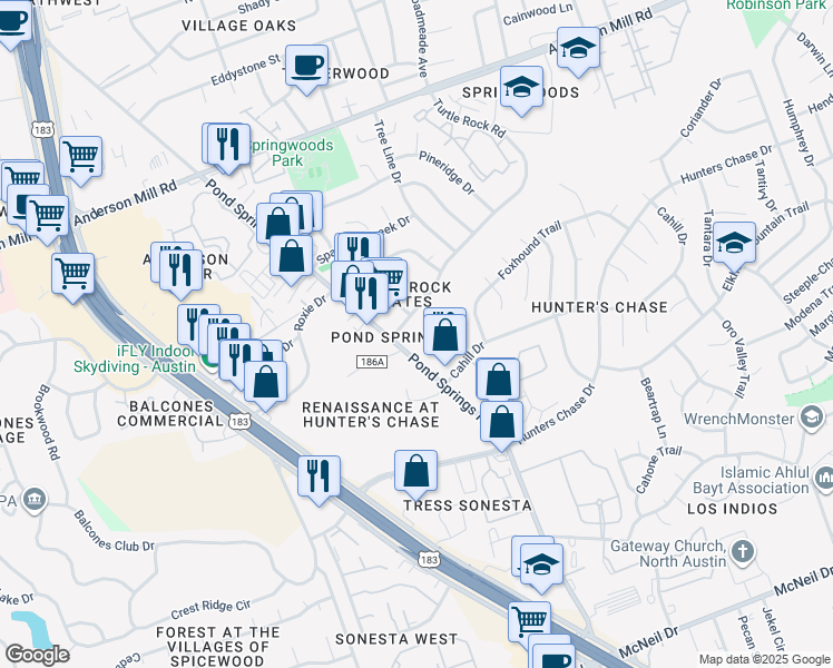 map of restaurants, bars, coffee shops, grocery stores, and more near 12300 Abney Drive in Austin