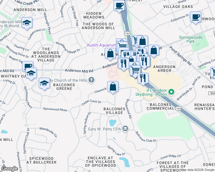 map of restaurants, bars, coffee shops, grocery stores, and more near 9202 Clearock Drive in Austin
