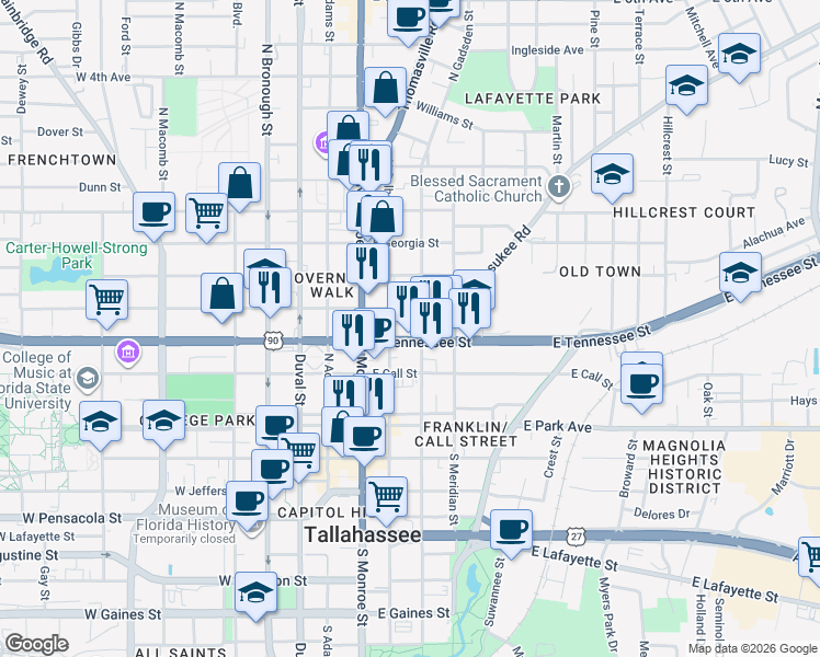 map of restaurants, bars, coffee shops, grocery stores, and more near 317 East Virginia Street in Tallahassee