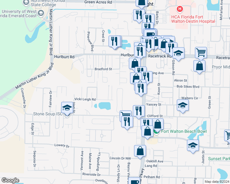 map of restaurants, bars, coffee shops, grocery stores, and more near 973 Claeven Circle in Fort Walton Beach