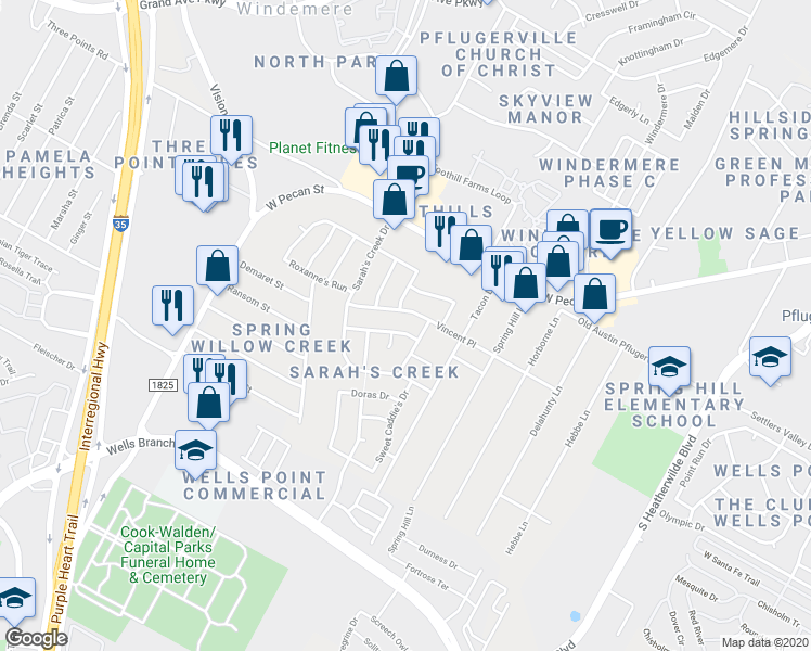 map of restaurants, bars, coffee shops, grocery stores, and more near 1112 Coaches Crossing in Pflugerville