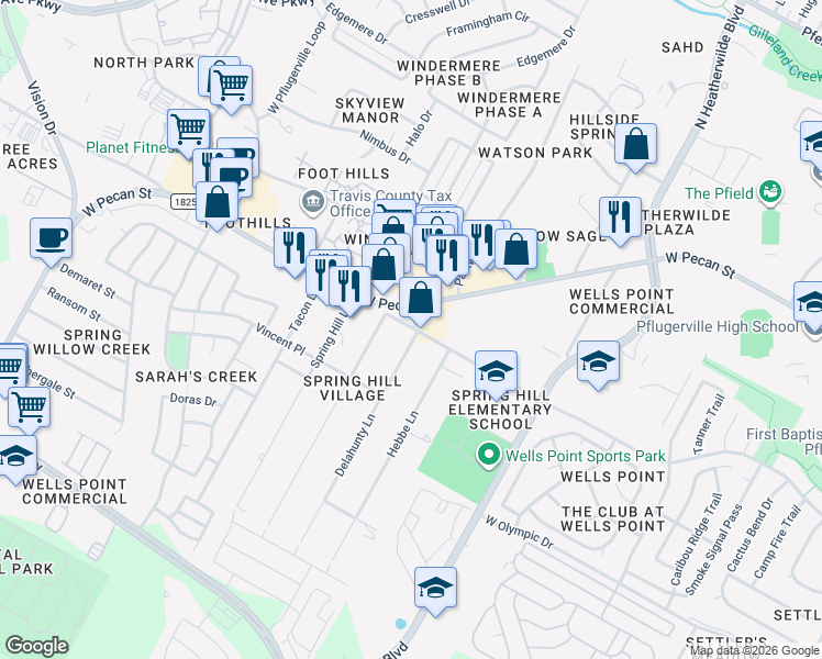 map of restaurants, bars, coffee shops, grocery stores, and more near 801b Old Austin Pflugerville Road in Pflugerville