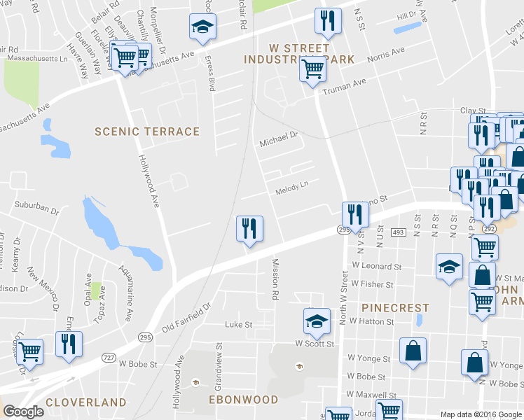 map of restaurants, bars, coffee shops, grocery stores, and more near 3233 Market Street in Pensacola