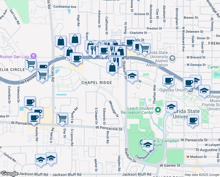 map of restaurants, bars, coffee shops, grocery stores, and more near 411 Chapel Drive in Tallahassee