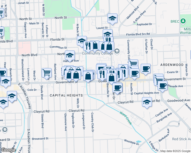 map of restaurants, bars, coffee shops, grocery stores, and more near 4615 Government Street in Baton Rouge