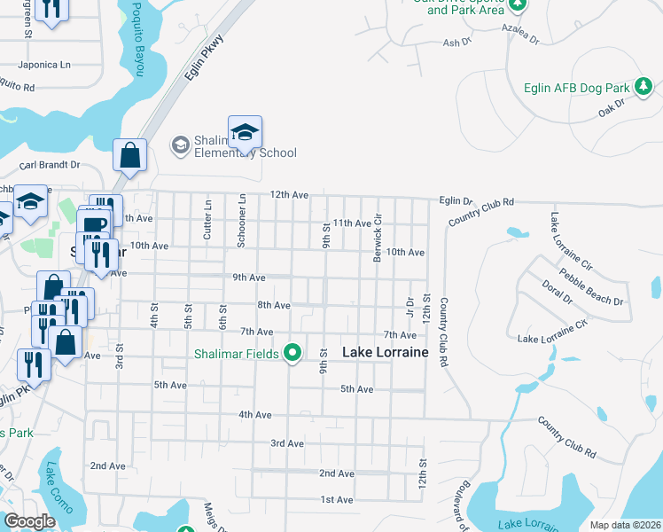 map of restaurants, bars, coffee shops, grocery stores, and more near 70 9th Street in Shalimar