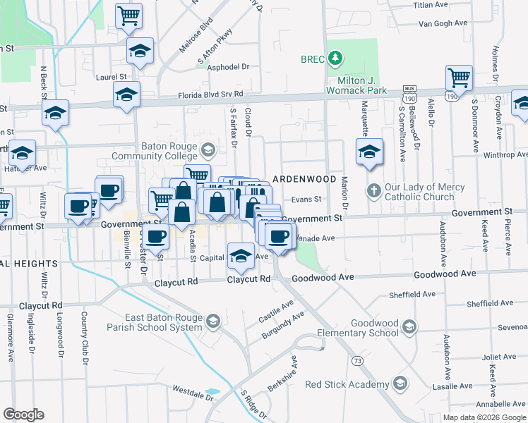 map of restaurants, bars, coffee shops, grocery stores, and more near 440 Saint Thomas Lane in Baton Rouge