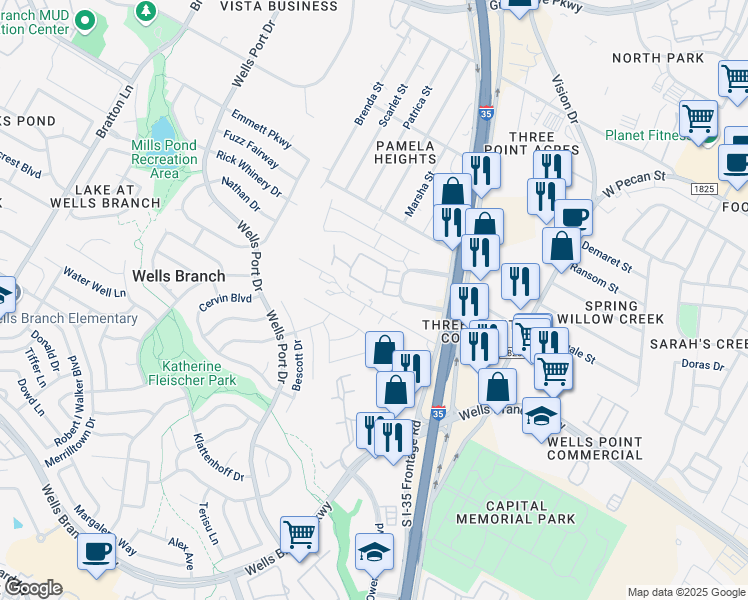 map of restaurants, bars, coffee shops, grocery stores, and more near 1814 Fleischer Drive in Austin