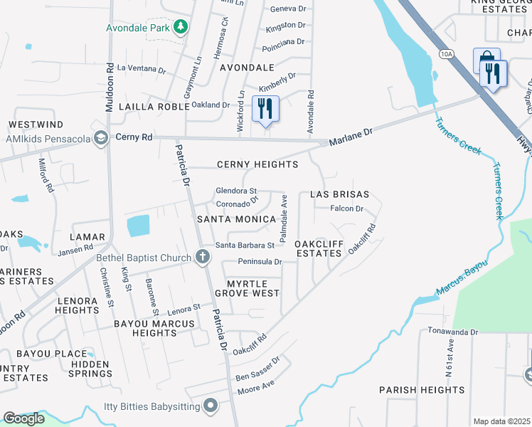 map of restaurants, bars, coffee shops, grocery stores, and more near 7017 Balboa Drive in Pensacola