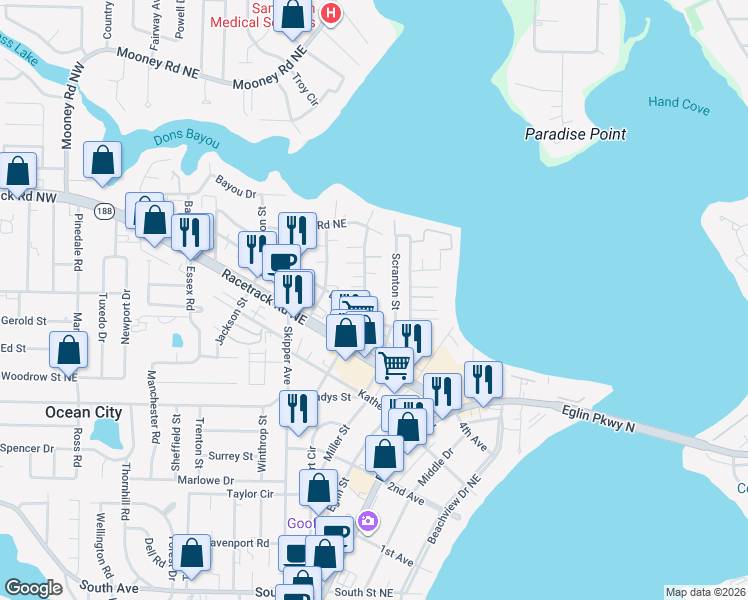 map of restaurants, bars, coffee shops, grocery stores, and more near 128 Rickey Avenue in Fort Walton Beach