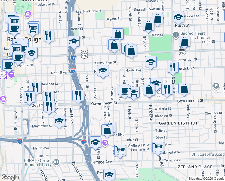 map of restaurants, bars, coffee shops, grocery stores, and more near 235 South 14th Street in Baton Rouge