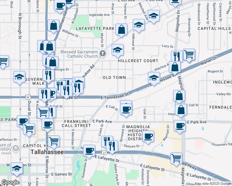 map of restaurants, bars, coffee shops, grocery stores, and more near 376 Terrace Street in Tallahassee