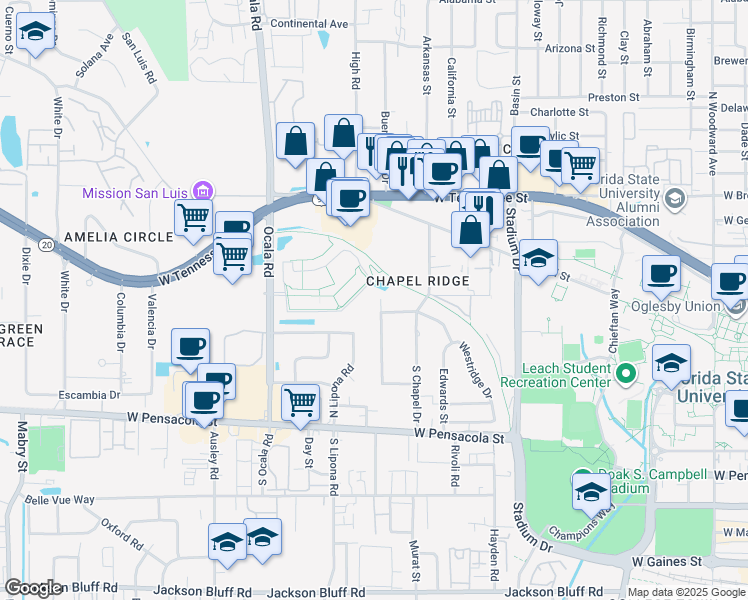 map of restaurants, bars, coffee shops, grocery stores, and more near 1806 Westridge Drive in Tallahassee