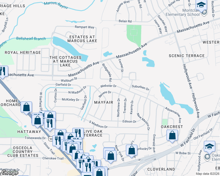 map of restaurants, bars, coffee shops, grocery stores, and more near 1121 Webster Drive in Pensacola