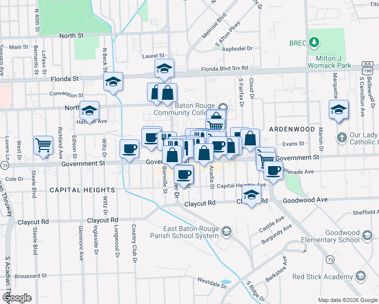map of restaurants, bars, coffee shops, grocery stores, and more near 5116 Garig Avenue in Baton Rouge