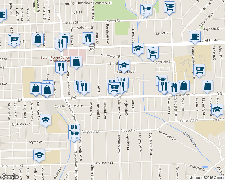 map of restaurants, bars, coffee shops, grocery stores, and more near 370 Edison Street in Baton Rouge