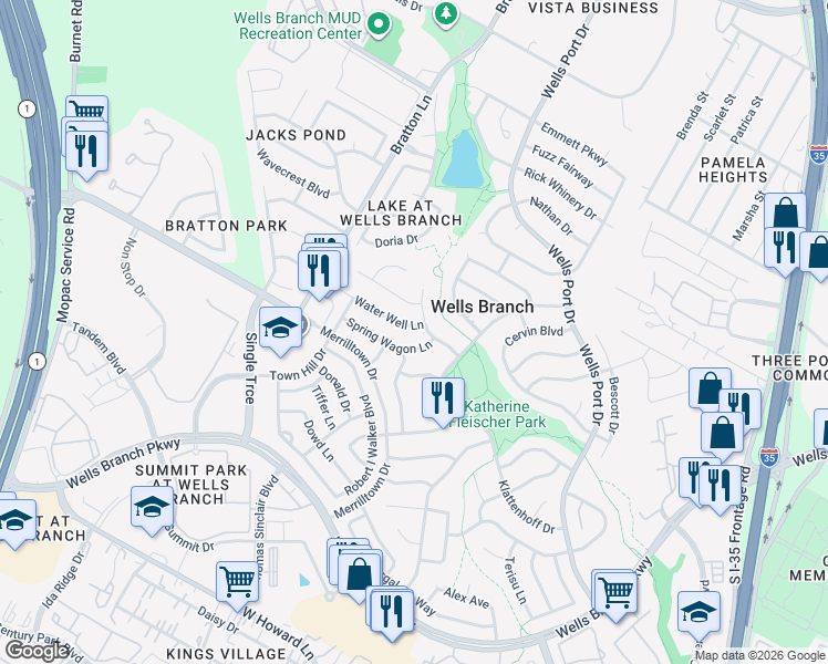 map of restaurants, bars, coffee shops, grocery stores, and more near 14801 Great Willow Drive in Austin