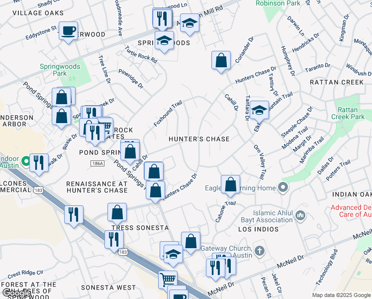 map of restaurants, bars, coffee shops, grocery stores, and more near 8315 Cahill Drive in Austin