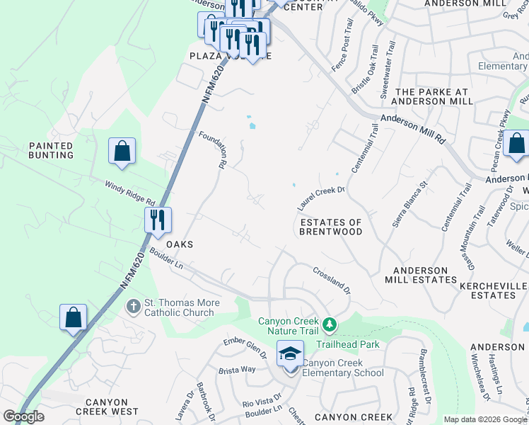 map of restaurants, bars, coffee shops, grocery stores, and more near 11500 Turtle Lane in Austin