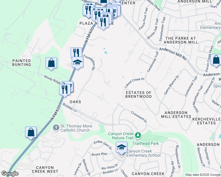 map of restaurants, bars, coffee shops, grocery stores, and more near 11500 Turtle Lane in Austin