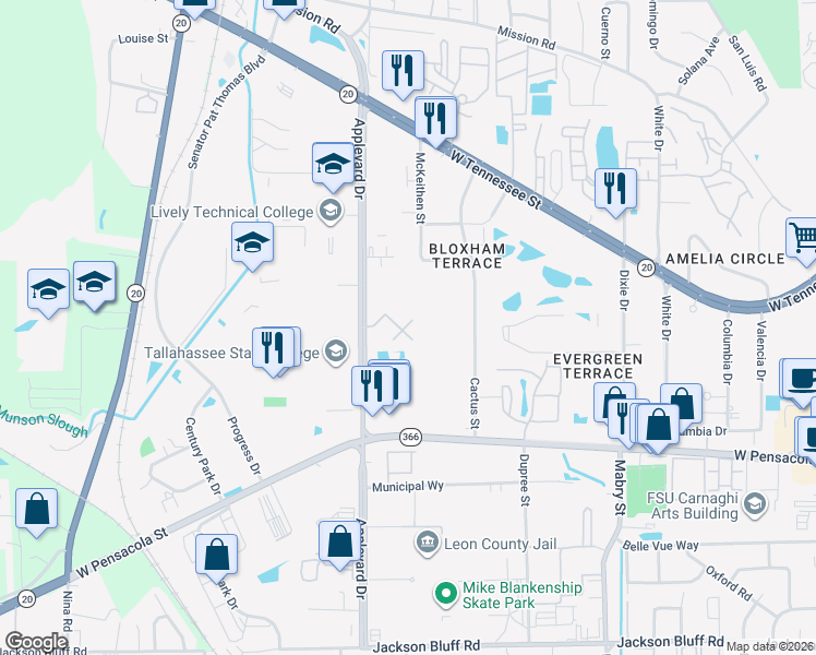 map of restaurants, bars, coffee shops, grocery stores, and more near 445 Appleyard Drive in Tallahassee