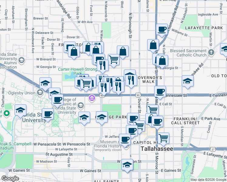 map of restaurants, bars, coffee shops, grocery stores, and more near 428 West Tennessee Street in Tallahassee
