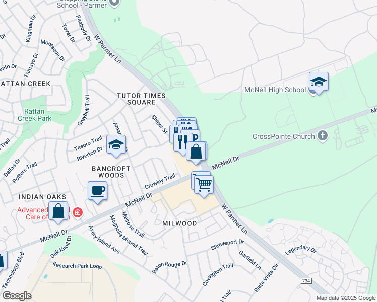 map of restaurants, bars, coffee shops, grocery stores, and more near 6301 West Parmer Lane in Austin