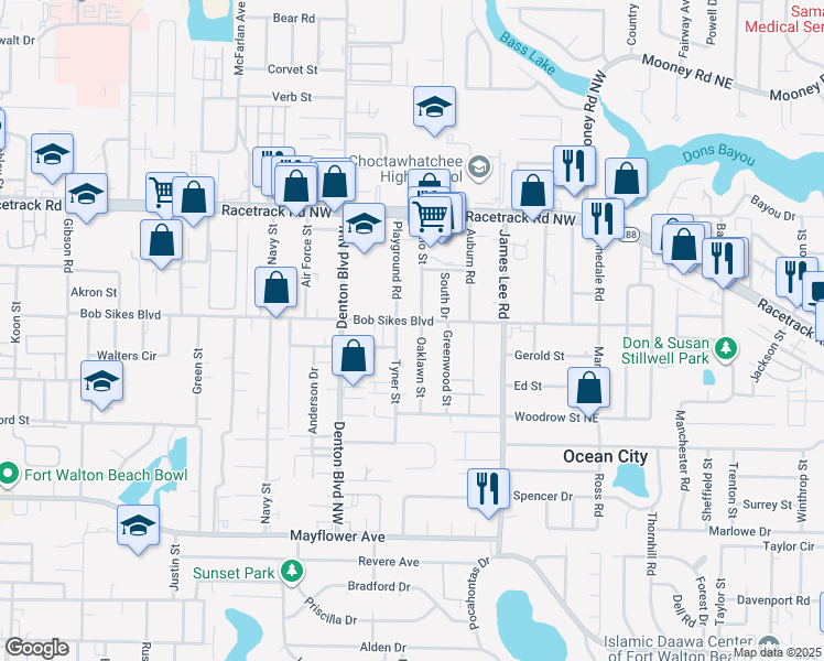 map of restaurants, bars, coffee shops, grocery stores, and more near 601 Bob Sikes Boulevard in Fort Walton Beach