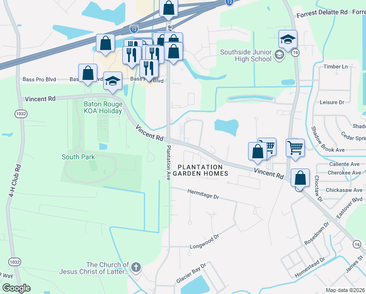 map of restaurants, bars, coffee shops, grocery stores, and more near 8039 Vincent Road in Denham Springs