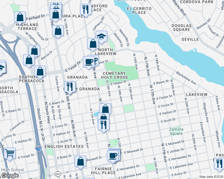map of restaurants, bars, coffee shops, grocery stores, and more near 1303 East Hayes Street in Pensacola