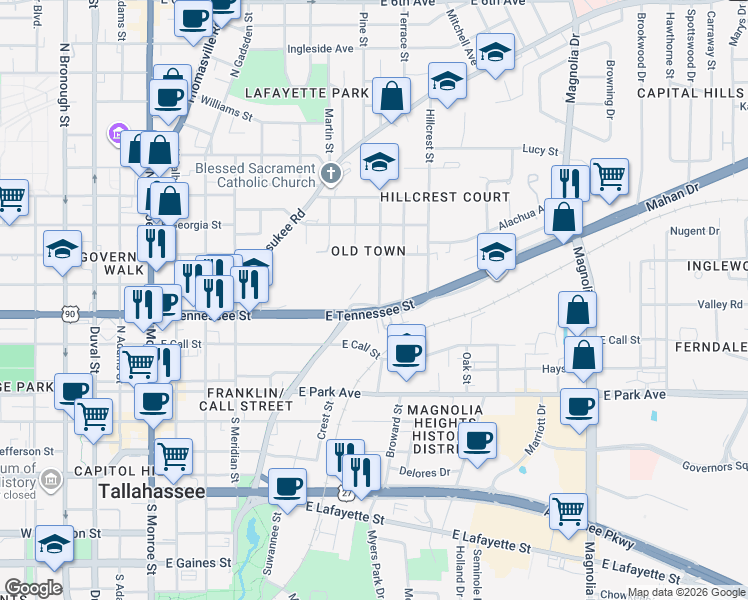 map of restaurants, bars, coffee shops, grocery stores, and more near 376 Terrace Street in Tallahassee