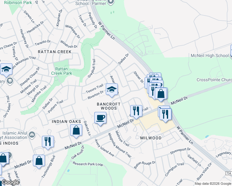 map of restaurants, bars, coffee shops, grocery stores, and more near 13117 Amarillo Avenue in Austin