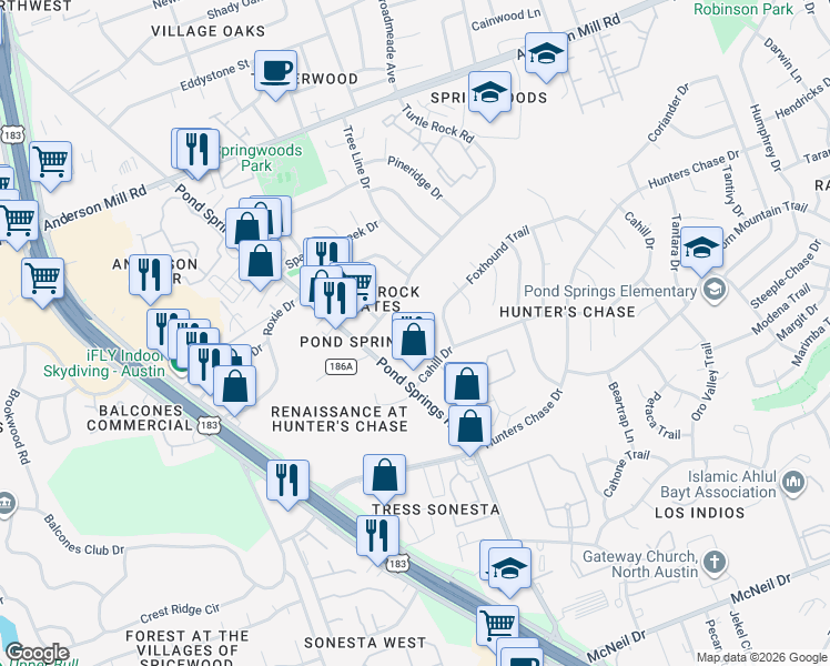 map of restaurants, bars, coffee shops, grocery stores, and more near 8518 Cahill Drive in Austin