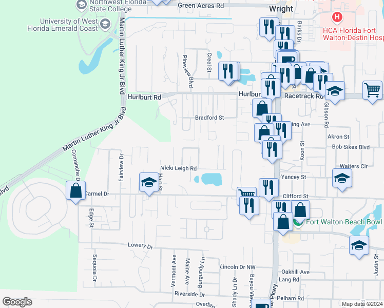 map of restaurants, bars, coffee shops, grocery stores, and more near 943 Ibis Way in Fort Walton Beach