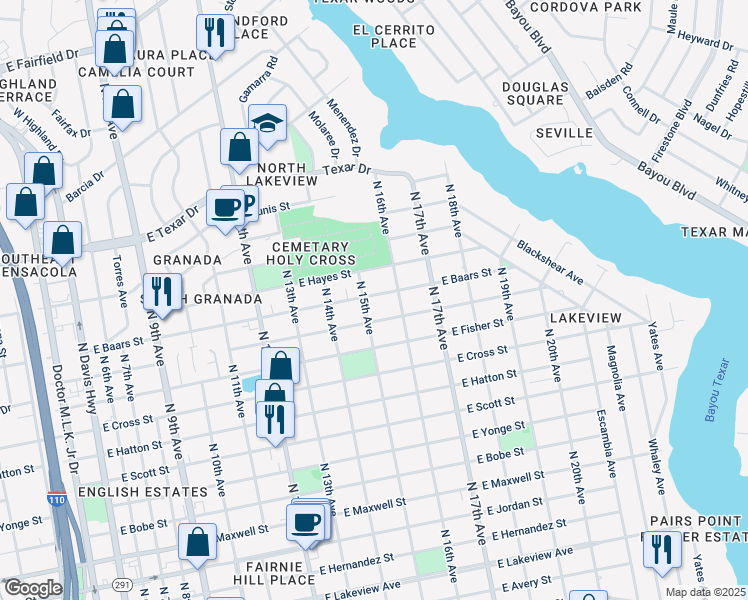 map of restaurants, bars, coffee shops, grocery stores, and more near 1526 East Baars Street in Pensacola