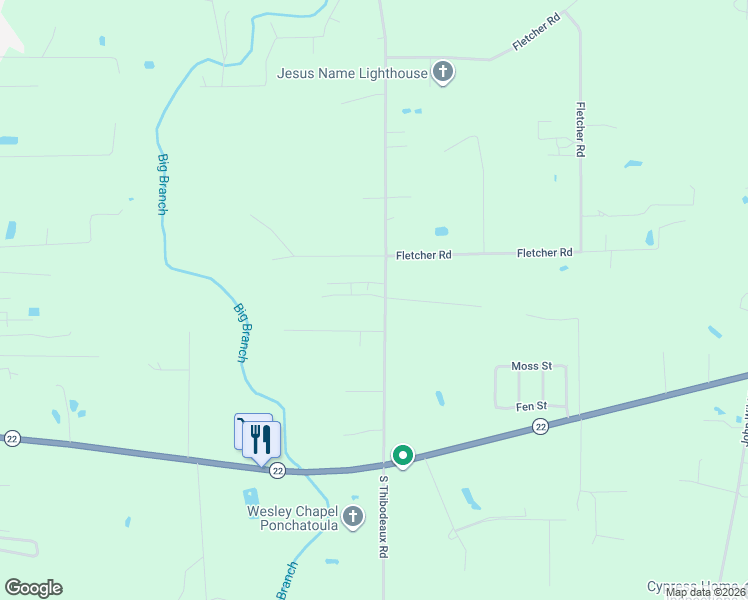 map of restaurants, bars, coffee shops, grocery stores, and more near 40201 North Thibodeaux Road in Ponchatoula