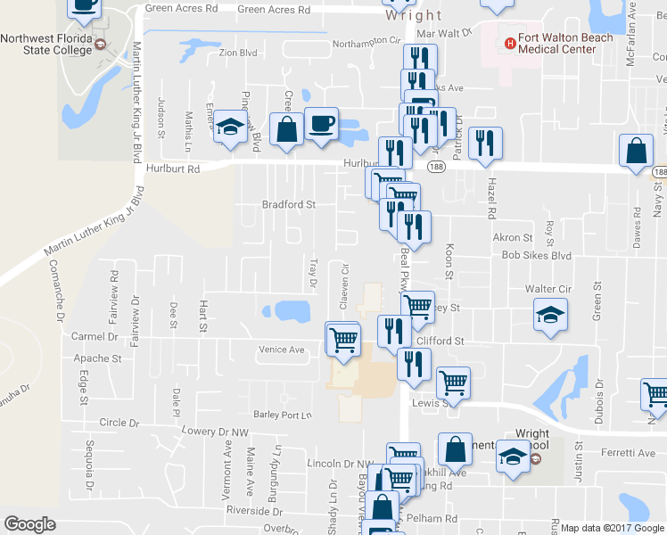 map of restaurants, bars, coffee shops, grocery stores, and more near 966 Claeven Circle in Fort Walton Beach