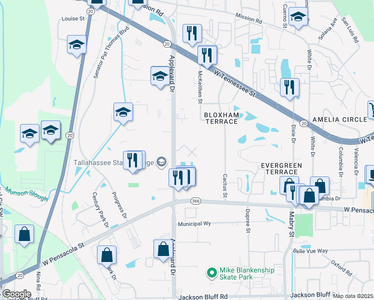 map of restaurants, bars, coffee shops, grocery stores, and more near 445 Appleyard Drive in Tallahassee