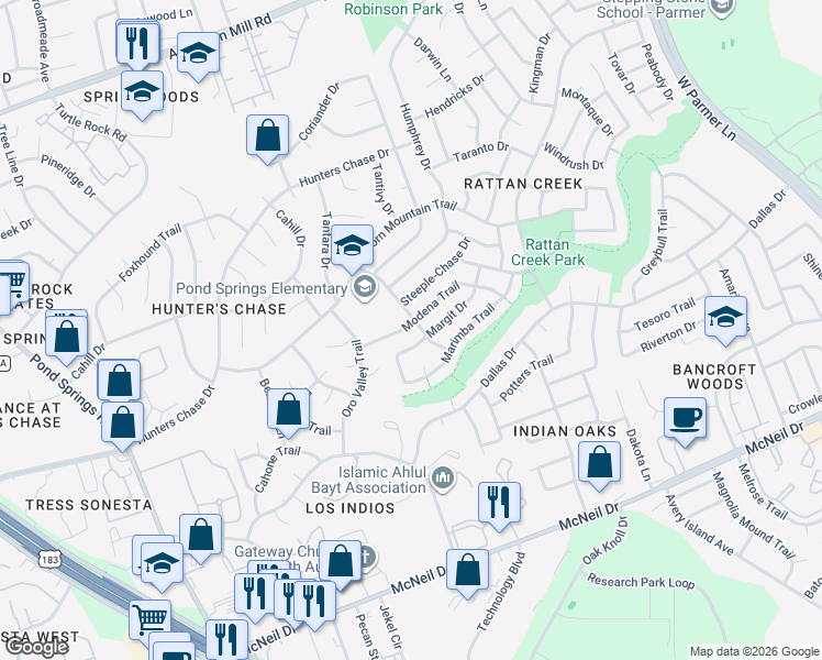 map of restaurants, bars, coffee shops, grocery stores, and more near 12717 Modena Trail in Austin