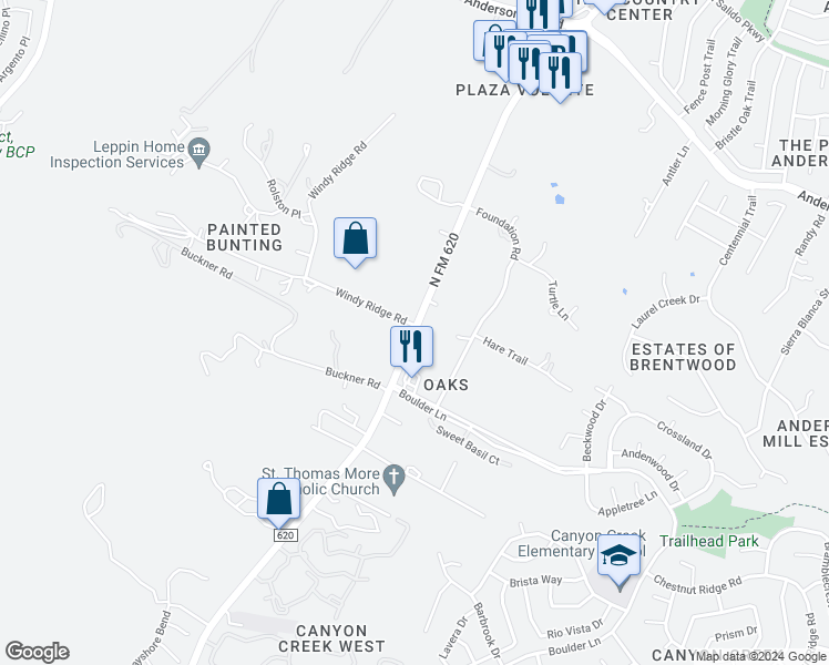 map of restaurants, bars, coffee shops, grocery stores, and more near 10601 Ranch Road 620 North in Austin