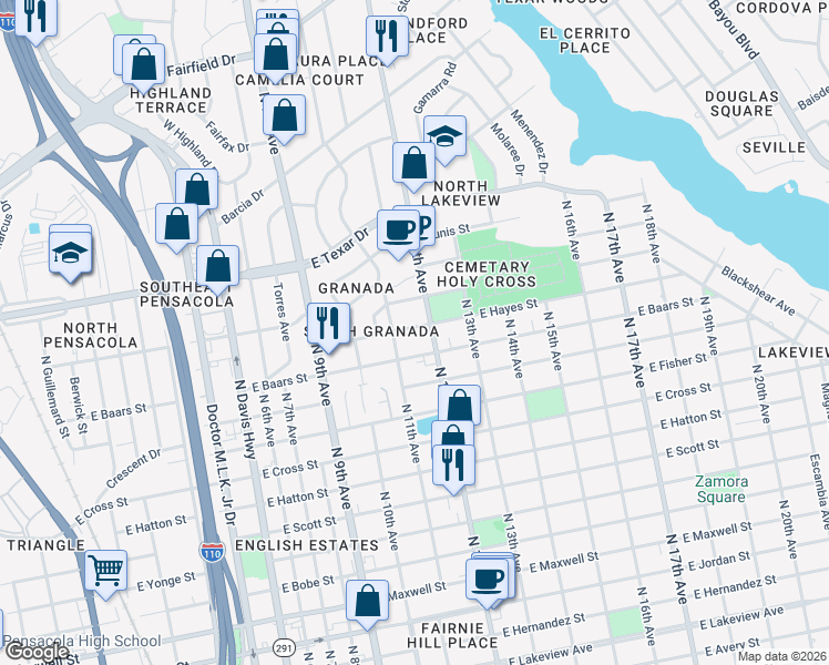 map of restaurants, bars, coffee shops, grocery stores, and more near 1100 East Hayes Street in Pensacola