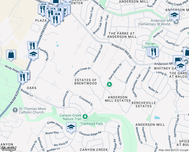 map of restaurants, bars, coffee shops, grocery stores, and more near 10905 Centennial Trail in Austin