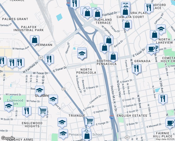map of restaurants, bars, coffee shops, grocery stores, and more near 3208 North Miller Street in Pensacola
