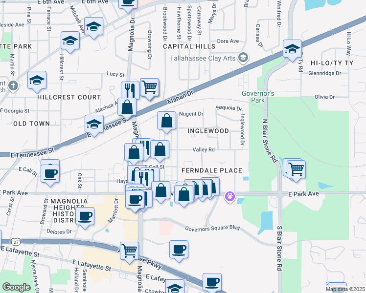 map of restaurants, bars, coffee shops, grocery stores, and more near 1506 Valley Road in Tallahassee