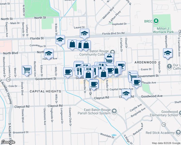 map of restaurants, bars, coffee shops, grocery stores, and more near 5108 Garig Avenue in Baton Rouge