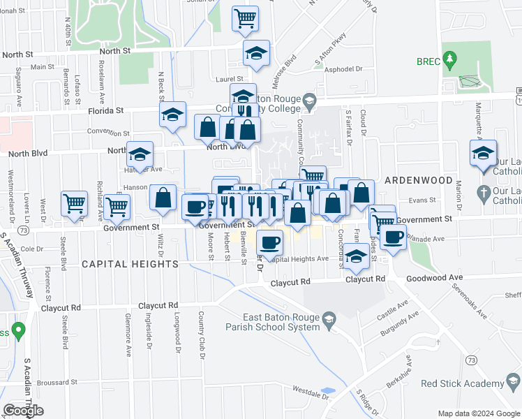 map of restaurants, bars, coffee shops, grocery stores, and more near 5116 Garig Avenue in Baton Rouge