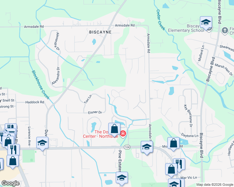 map of restaurants, bars, coffee shops, grocery stores, and more near 11540 Birch Forest Circle East in Jacksonville